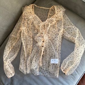 Sezane nude and black dot mesh blouse